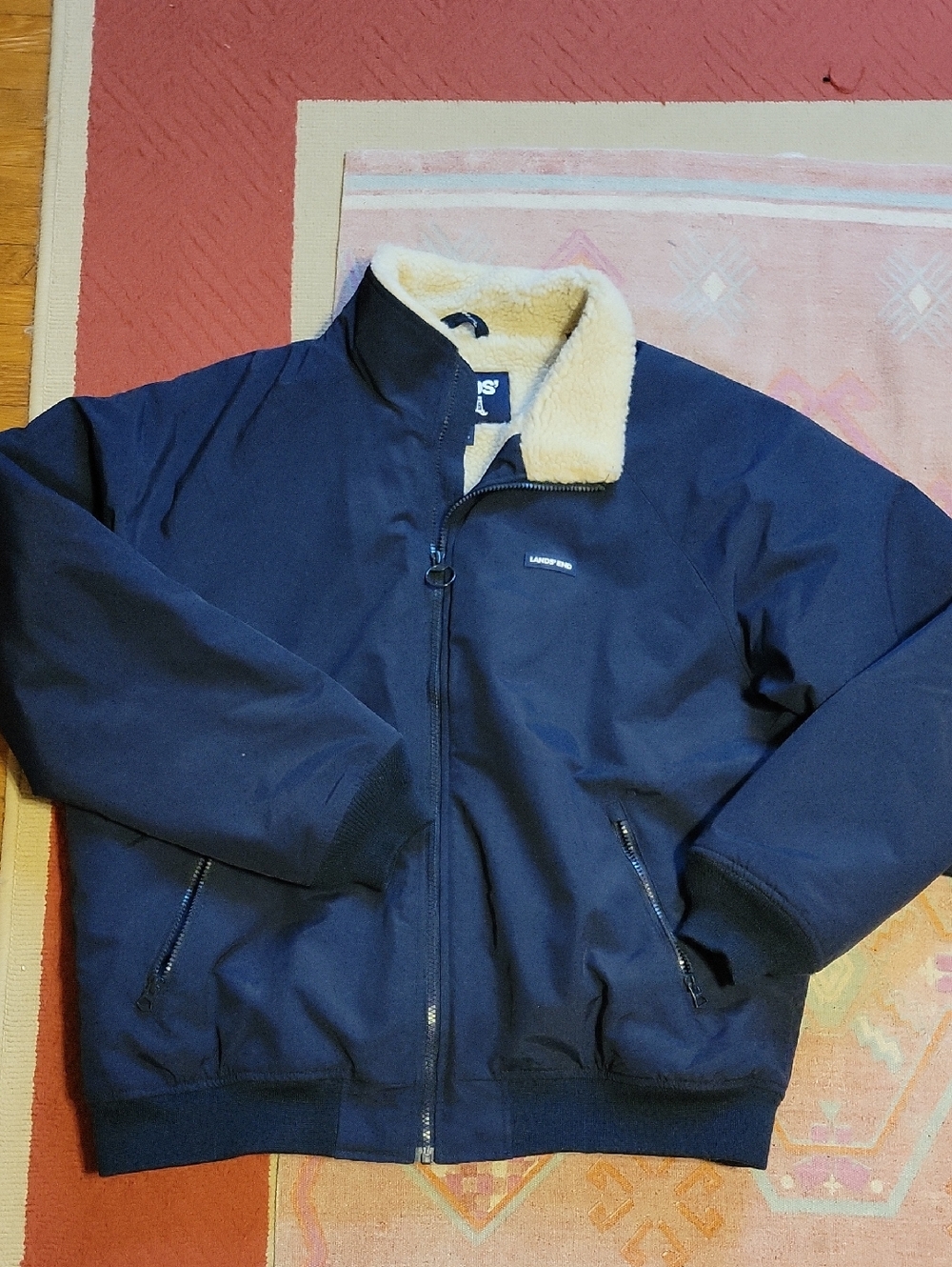 Lands' End Navy Bomber Jacket with Cream Sherpa Lining